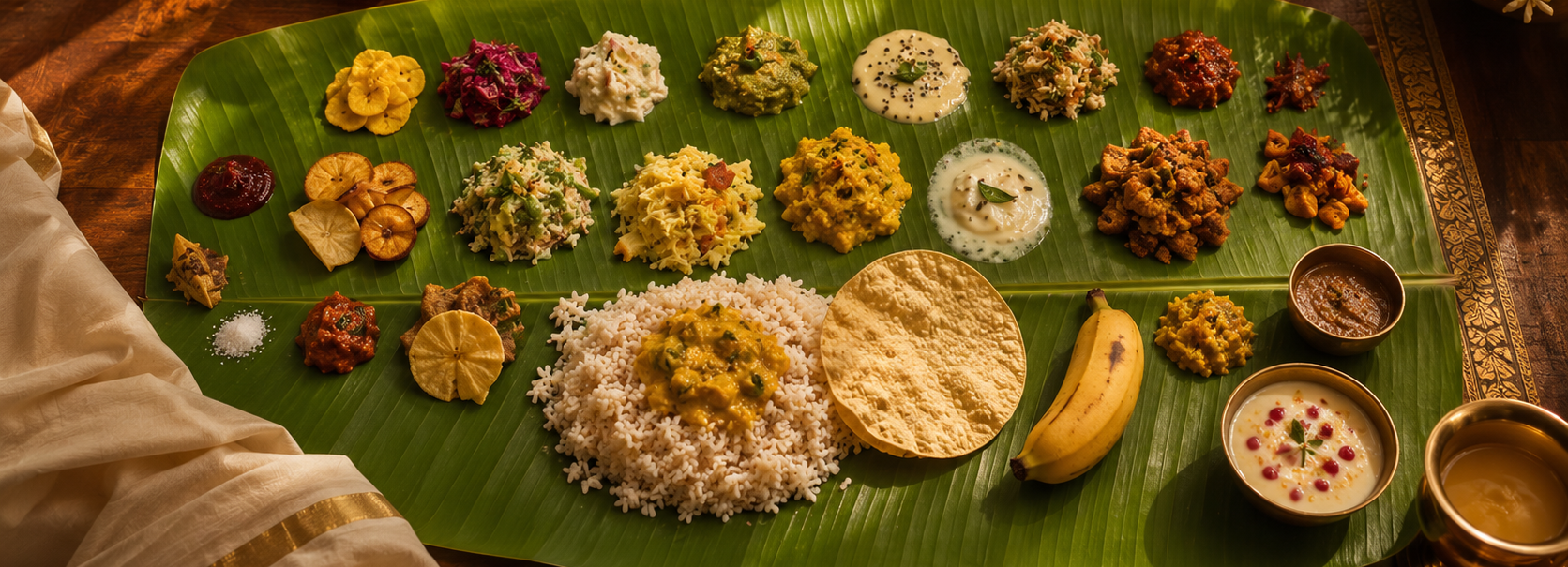 A joyful Kerala family celebrating Onam together around a festive table